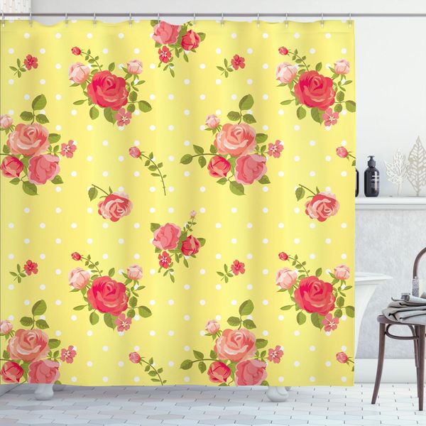 Abakuhaus Tenda Da Doccia Rosa, Motivo Vintage - Bouquet Romantico Femminile Su Sfondo A Pois, 175 X 180 Cm, Giallo Corallo Verde-image