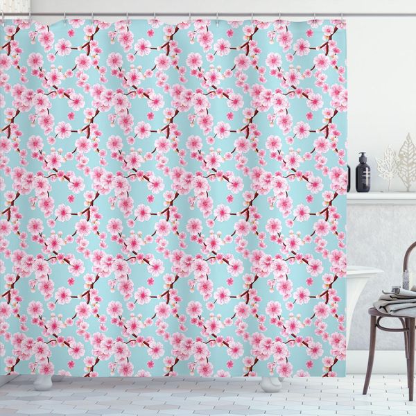 Abakuhaus Tenda Da Doccia Con Motivo Fiori Di Ciliegio, Ispirazione Stagionale Giardino Fiorito In Colori Pastello, 175 X 180 Cm, Pale Blue Redwood Rosa-image