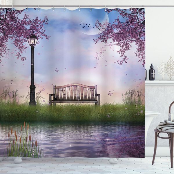 Abakuhaus Tenda Da Doccia Naturale, Panchina Su Un Fiume Che Scorre Con Luna A Forma Di Falce, Lavanda, Alberi, Erba, Illustrazione, 175 X 220 Cm, Multicolore-image