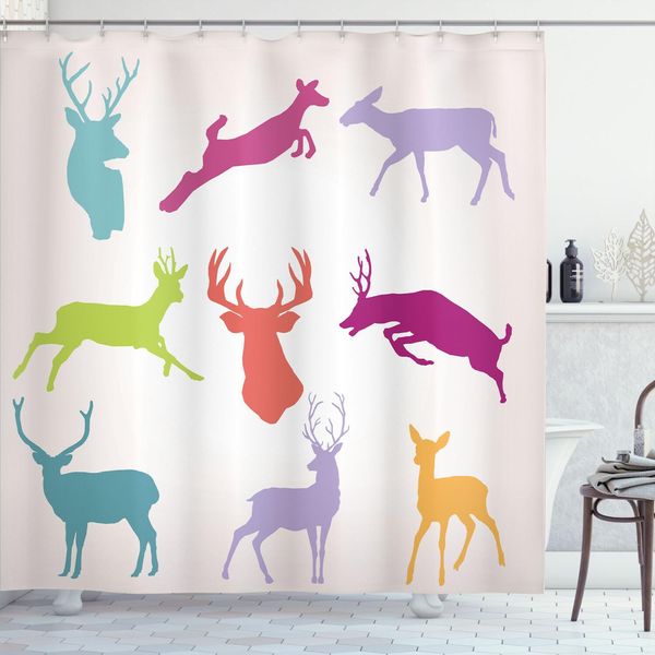 Abakuhaus Tenda Da Doccia Con Corna Di Cervo, Collezione Silhouette Cervi Che Saltano, Corrono E Stanno In Piedi Wilderness Nature, 175 X 200 Cm, Verde Acqua-image