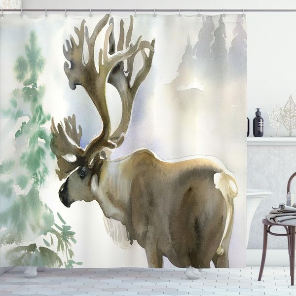 Abakuhaus Tenda Da Doccia Con Corna Di Cervo, Alce, Foresta Invernale, Natura Selvaggia, Renna, Tema Natalizio, Stile Acquerello, 175 X 220 Cm, Beige E Verde-image