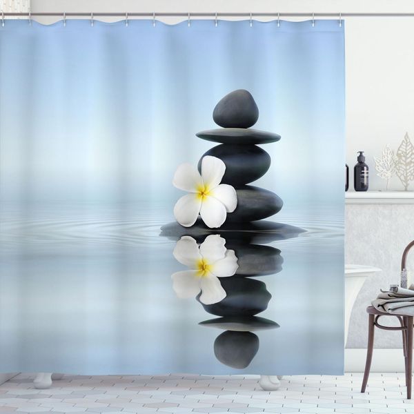 Tenda Da Doccia Abakuhaus Spa, Pietre Calde Per Massaggi Zen Con Riflessi Asiatici Di Frangipani Plumera Sull'acqua, 175 X 220 Cm, Azzurro E Grigio-image