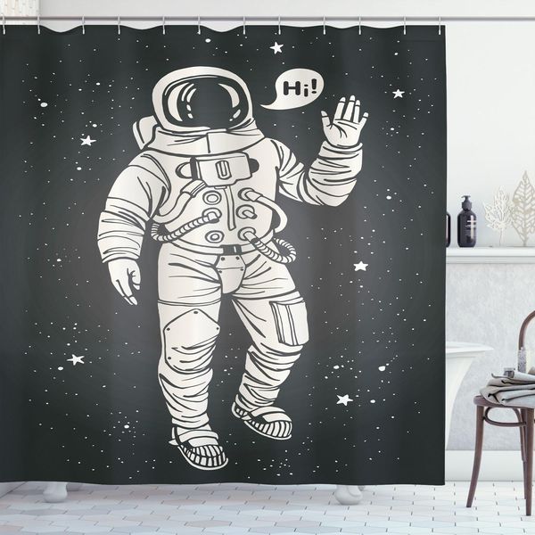 Abakuhaus Tenda Da Doccia Spaziale, Astronauta Pop Art Che Saluta Con Fumetto Comet Adventure Traveller, 175 X 220 Cm, Grigio Antracite Sabbia-image