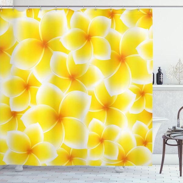 Abakuhaus Tenda Da Doccia Gialla, Plumeria Frangipani Fiori Asiatici Primaverili Motivo Ripetitivo Hawaiano, 175 X 220 Cm, Giallo E Bianco-image