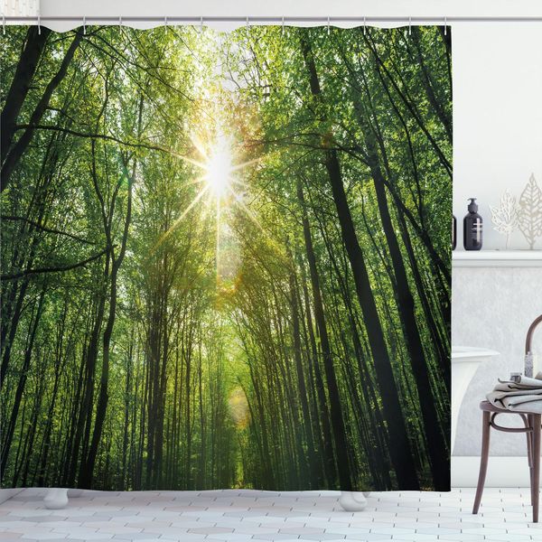 Abakuhaus Tenda Da Doccia Bosco, Estate Nel Bosco Alberi Luce Del Sole Raggi Del Sole Natura Rigogliosa Vista Dal Basso Foto, 175 X 220 Cm, Verde Felce Giallo-image