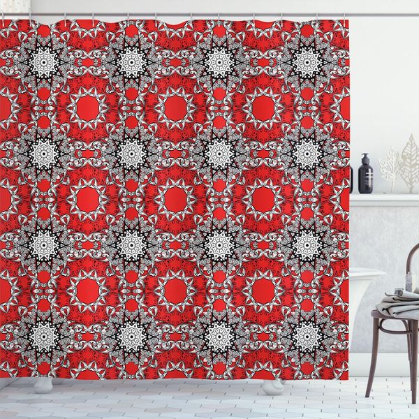 Tenda Da Doccia Abakuhaus Mandala, Illustrazione Etnica Caleidoscopica Tribale Con Fiori Scarabocchiati E Volute, 175 X 220 Cm, Arancione, Bianco E Nero-image