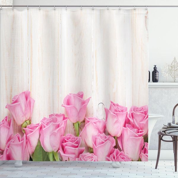 Abakuhaus Tenda Da Doccia Rosa, Bouquet Di Fiori In Fiore Foglie Su Assi Di Legno Rustico San Valentino Foto, 175 X 220 Cm, Crema Verde Rosa-image