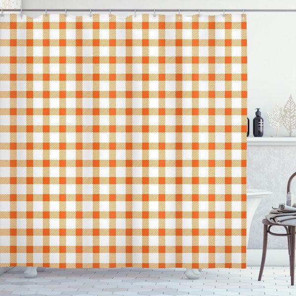Abakuhaus Tenda Da Doccia Arancione E Bianca, Motivo Quadrato A Quadretti In Stile Retrò Gingham Nei Caldi Colori Plaid, 175 X 220 Cm, Arancione E Bianco-image