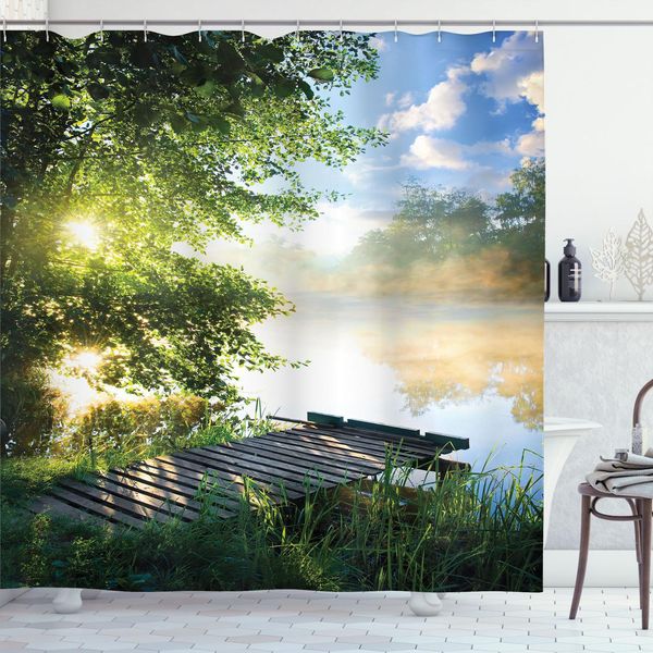 Abakuhaus Tenda Da Doccia Paesaggio, Molo Da Pesca Sul Fiume Al Mattino Con Nuvole E Alberi, Immagine Naturale, 175 X 240 Cm, Verde Bianco Blu-image