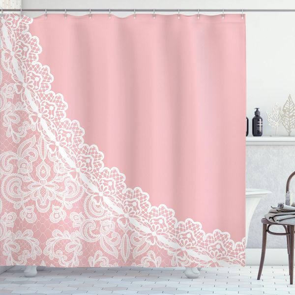 Abakuhaus Tenda Da Doccia Rosa E Bianca, Motivi Femminili Vintage, Fiori, Rete, Illustrazione Ispirata Alla Natura, 175 X 220 Cm, Rosa Pallido E Bianco-image