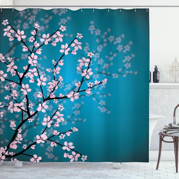 Abakuhaus Tenda Da Doccia Giapponese, Fiori Rosa, Foglie E Piante Artificiali, Sfumature Ombre, Fiori Di Ciliegio Giapponesi Primaverili Nel Giardino Del Parco, 175 X 200 Cm, Blu Petrolio E Rosa Chiaro-image