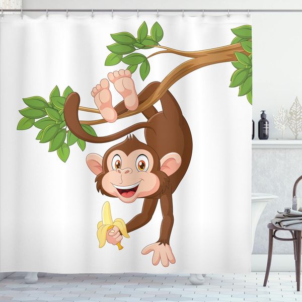 Abakuhaus Tenda Da Doccia Con Caricatura, Scimmia Divertente Appesa All'albero E Banane, Stampa Con Tema Animali Della Giungla, 175 X 240 Cm, Bianco Cioccolato-image