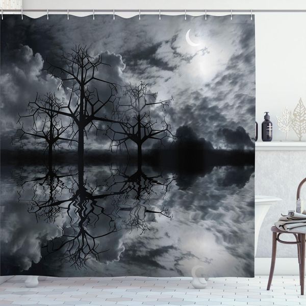Abakuhaus Tenda Da Doccia Paesaggio, Sfumature Di Grigio Fantasia Campagna Di Notte Cielo Nuvoloso Luna Alberi Foto, 175 X 240 Cm, Bianco Nero Grigio-image