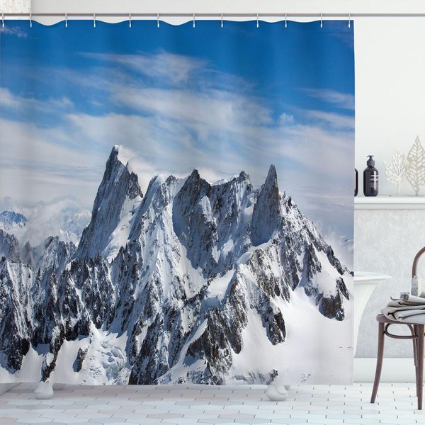 Abakuhaus Tenda Da Doccia Paesaggistica, Pittoresco Monte Bianco, Scogliera Innevata, Nuvole, Ambiente Idilliaco, Foto Di Trekking, 175 X 240 Cm, Bianco E Blu-image