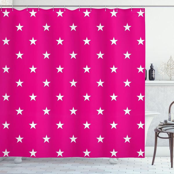 Abakuhaus Tenda Da Doccia Rosa Shocking, Motivo Simmetrico Con Stelle Bianche Motivo Femminile Bella Piastrella Retrò, 175 X 240 Cm, Rosa Bianco-image