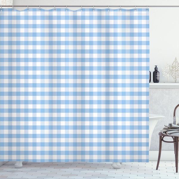 Abakuhaus Tenda Da Doccia A Quadri, Piccoli Quadrati E Strisce In Colori Pastello, Motivo A Quadretti Ripetuto, 175 X 200 Cm, Azzurro Pallido E Bianco-image