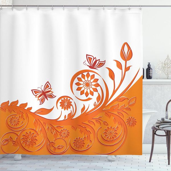 Abakuhaus Tenda Da Doccia Arancione, Motivo Floreale Artistico Con Farfalle In Stile Vintage, 175 X 240 Cm, Arancione E Bianco-image