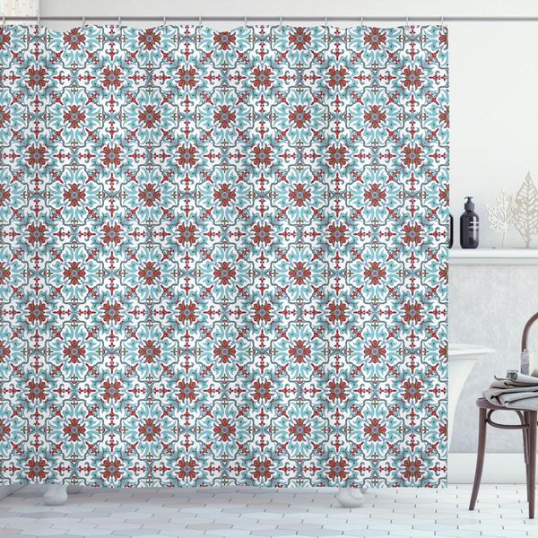 Abakuhaus Tenda Da Doccia Vintage, Motivo Floreale Etnico Antico, Motivo Tradizionale Ripetitivo, 175 X 240 Cm, Blu Pallido, Rosso, Verde-image