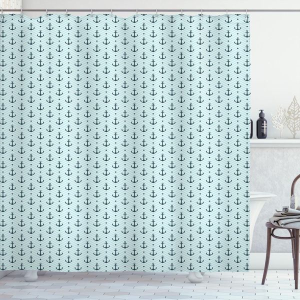 Abakuhaus Tenda Da Doccia Anker, Icone Marittime Su Sfondo A Zig Zag Chevron, 175 X 240 Cm, Seafoam Teal-image