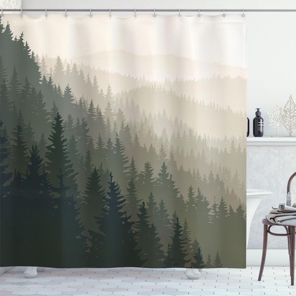 Abakuhaus Tenda Da Doccia Wald, Parti Settentrionali Del Mondo Con Conifere Della Foresta Scandinava, 175 X 240 Cm, Verde Scuro Crema Tan-image