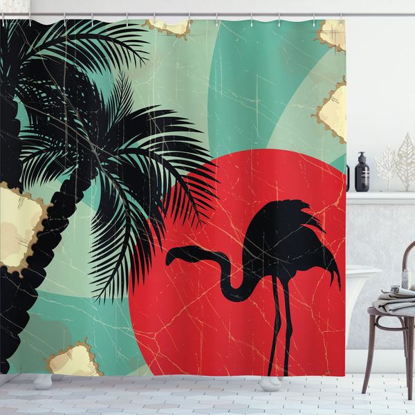 Abakuhaus Tenda Da Doccia Tropicale, Composizione Hawaiana In Stile Retrò Con Silhouette Di Fenicotteri E Palme, 175 X 240 Cm, Multicolore-image
