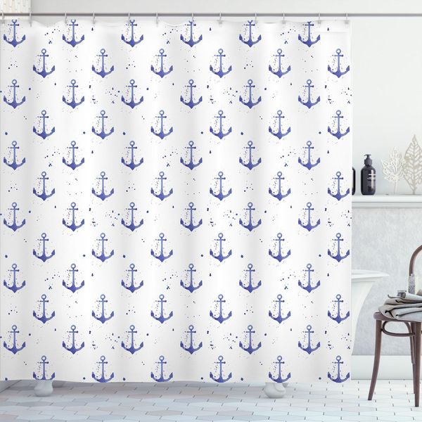 Abakuhaus Tenda Da Doccia Con Ancore, Acquerello Motivi Di Ancore Abbozzati Motivo Nautico Monocromatico Ripetitivo, 175 X 240 Cm, Viola, Blu E Bianco-image