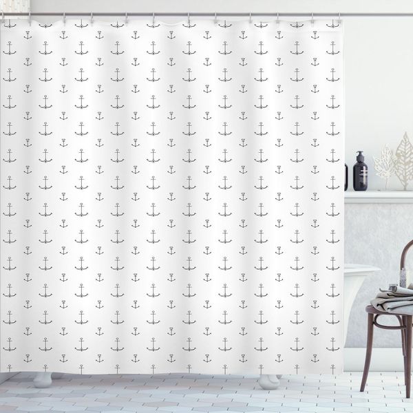 Abakuhaus Tenda Da Doccia Anker, Motivo Ripetitivo Nautico Minimalista Nautico Icone Motivo Semplicistico, 175 X 240 Cm, Bianco Nero-image