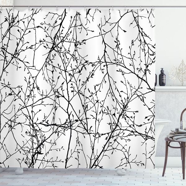 Abakuhaus Tenda Da Doccia Naturale, Rami Con Gemme Springtime Woodland Countryside Design Monocromatico Naturale, 175 X 200 Cm, Bianco Nero-image