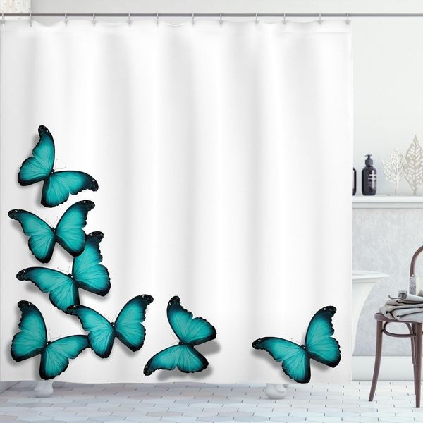 Abakuhaus Tenda Da Doccia Turchese, Motivo Farfalle In Volo, Giornata Di Primavera Soleggiata, Clima Mite, Divertimento All'aria Aperta, 175 X 200 Cm, Nero Turchese-image
