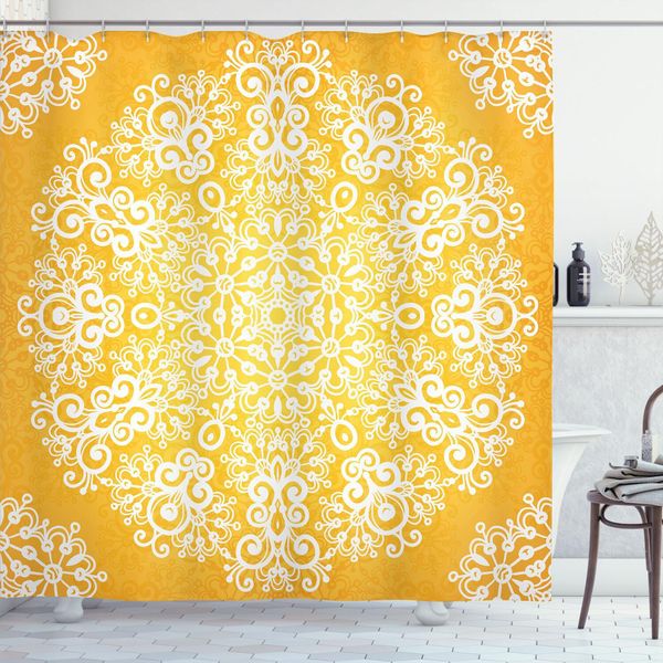 Abakuhaus Tenda Da Doccia Gialla, Motivo Floreale Con Ornamenti Decorativi, Sfumature Di Colore Dai Toni Caldi, 175 X 200 Cm, Giallo E Bianco-image