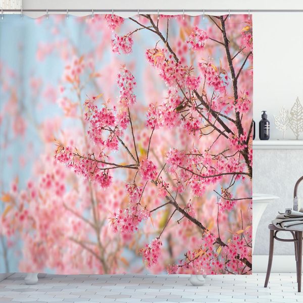 Abakuhaus Tenda Da Doccia Con Fiori, Fiori Di Ciliegio Giapponesi - Rami Ricoperti Di Fiori Di Ciliegio - Immagine Primaverile, 175 X 200 Cm, Rosa Pallido E Azzurro-image