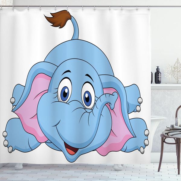 Abakuhaus Tenda Da Doccia Con Caricatura, Simpatico Elefantino, Figura, Bambini, Sala Giochi, Ragazze, Ragazzi, Stampa Artistica A Fumetti, 175 X 200 Cm, Blu E Rosa-image