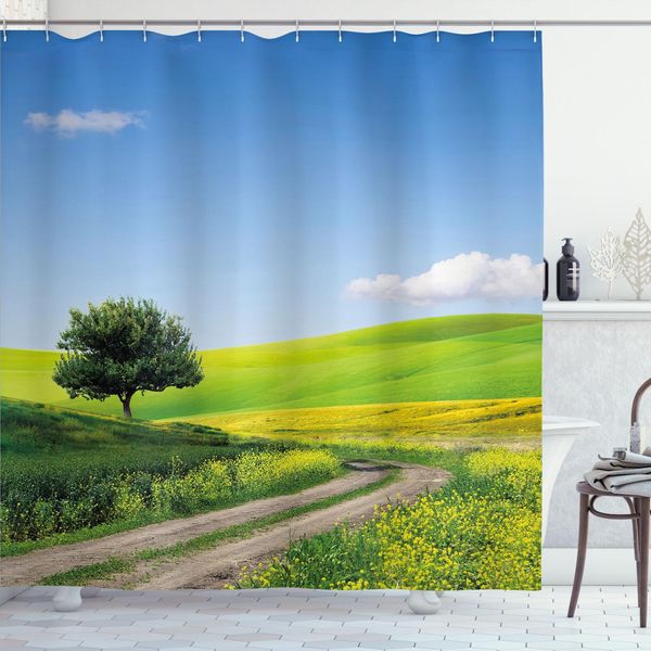 Abakuhaus Tenda Da Doccia Naturale, Paesaggio Rurale Con Campo Di Fiori, Alberi E Paesaggio Idilliaco, 175 X 200 Cm, Verde Mela E Azzurro Pallido-image