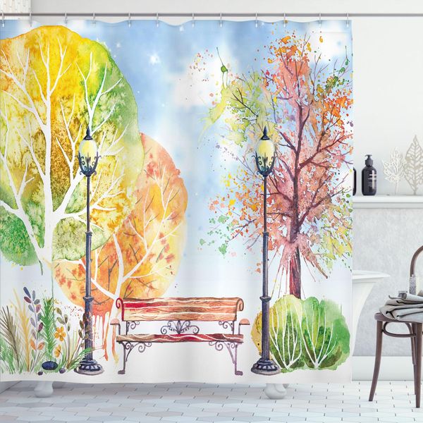 Abakuhaus Tenda Da Doccia Con Motivo Paesaggistico, Foglie Autunnali Disegnate A Mano, 175 X 200 Cm, Multicolore-image