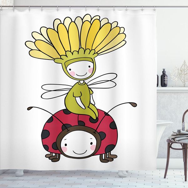 Abakuhaus Tenda Da Doccia Con Caricatura, Fata Dei Fiori Sorridente Coccinella Personaggio Fantastico Divertente, 175 X 200 Cm, Multicolore-image