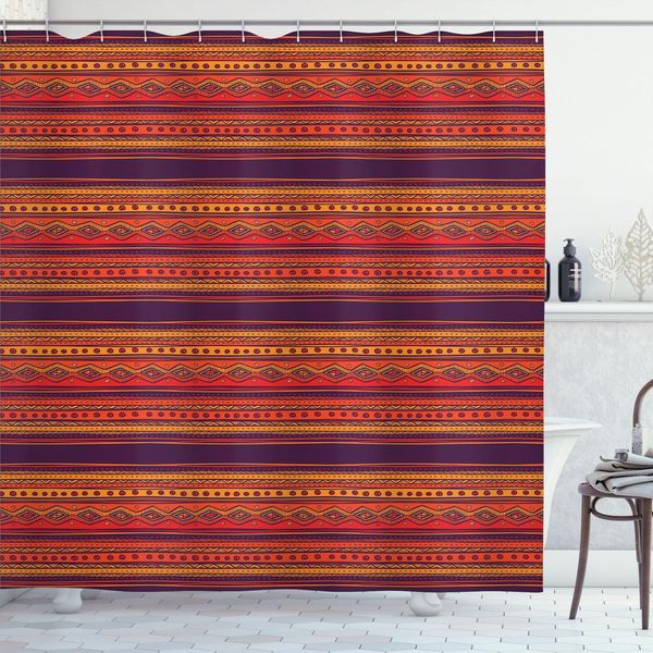 Abakuhaus Tenda Da Doccia Arancione, Motivi Etnici Tribali Disegnati A Mano In Stile Astratto, 175 X 200 Cm, Arancione Rosso Prugna-image