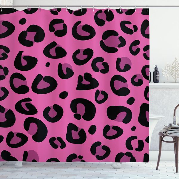 Abakuhaus Tenda Da Doccia Rosa Shocking, Motivo Leopardato Con Forme Astratte In Stile Safari Selvaggio E Giungla, 175 X 200 Cm, Nero E Rosa-image