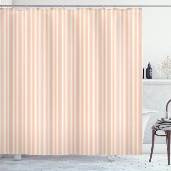 Abakuhaus Tenda Da Doccia Rosa, Romantiche Strisce Verticali, Motivo Ritmico A Linee Ripetute, 175 X 200 Cm, Salmone Chiaro E Bianco-image