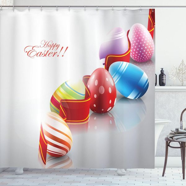 Abakuhaus Tenda Da Doccia Pasquale, Nastro Decorativo Con Motivo A Uova Colorate, Citazione "Buona Pasqua"" E Decorazioni Festive, 175 X 200 Cm, Multicolore"-image