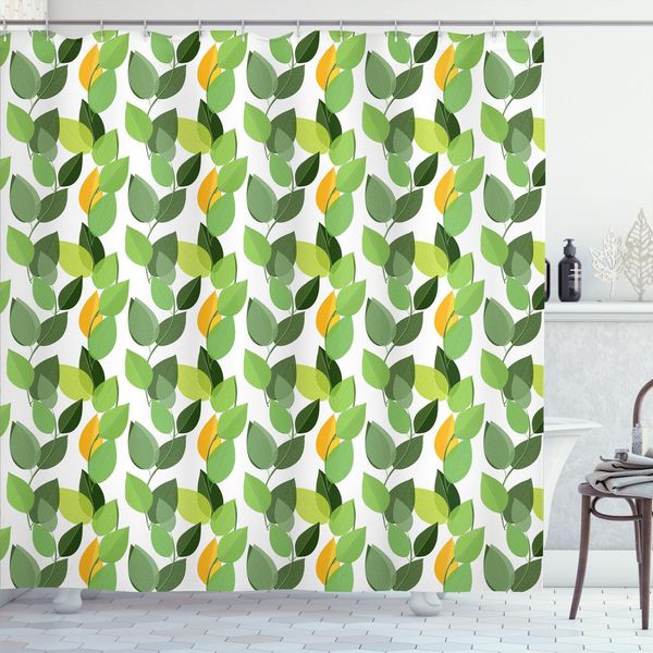 Abakuhaus Tenda Da Doccia Con Foglie, Illustrazione Astratta Di Natura Con Fogliame Verde, 175 X 200 Cm, Verde Felce E Calendula-image