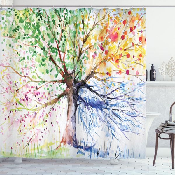 Abakuhaus Tenda Da Doccia Con Motivo Alberi, Quattro Stagioni, Motivo Artistico Con Foglie Colorate In Fiore, 175 X 220 Cm, Multicolore-image
