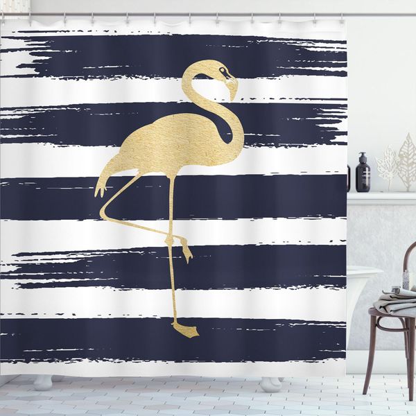 Abakuhaus Tenda Da Doccia Flamingo, Grazioso Motivo Con Fenicotteri Giallo Oro Su Sfondo Pennellato, 175 X 200 Cm, Blu Scuro, Senape, Bianco-image