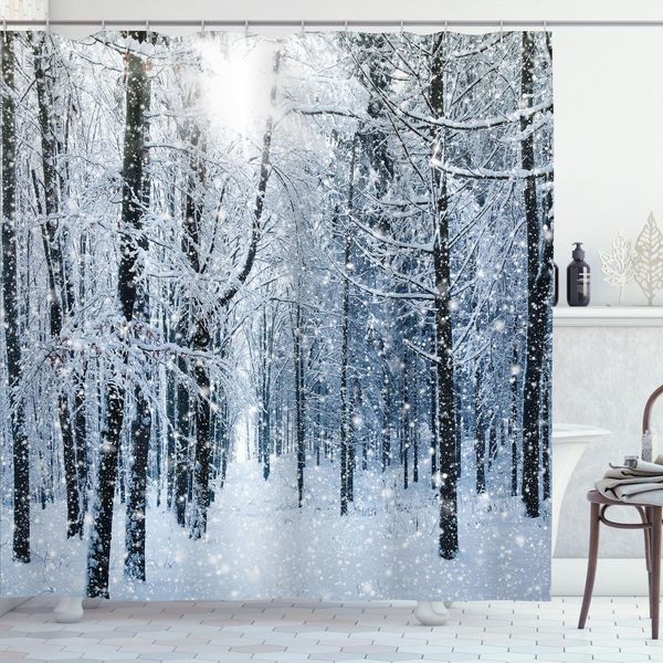 Abakuhaus Tenda Da Doccia Invernale, Foresta Innevata, Paesaggio Idilliaco Di Prima Mattina, Natura Natalizia, 175 X 180 Cm, Nero Bianco Blu-image