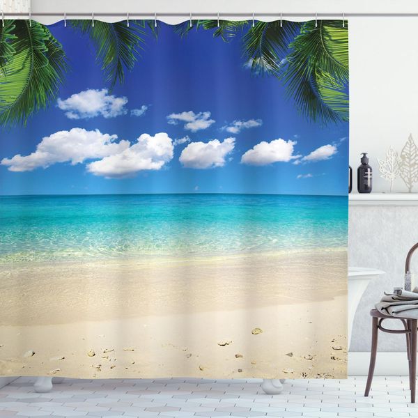 Abakuhaus Tenda Da Doccia Da Viaggio, Isola Soleggiata, Vista Vacanze, Cielo Limpido, Immagine Panoramica Estiva Della Costa, 175 X 180 Cm, Blu Reale, Sabbia, Marrone-image