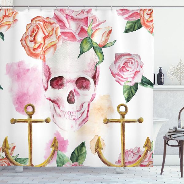 Abakuhaus Tenda Da Doccia Con Teschi, Ancora Marina Con Rose Vittoriane E Peonie, Stampa Vintage, 175 X 240 Cm, Verde Bianco Rosa-image