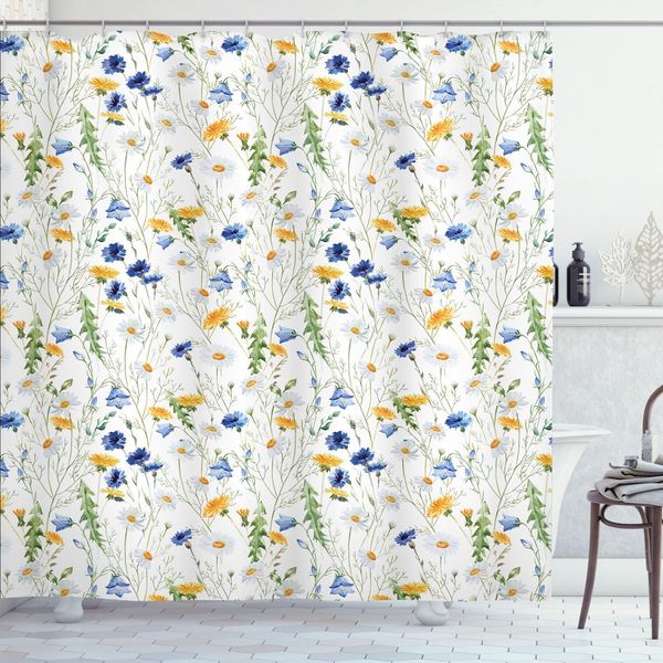 Abakuhaus Tenda Da Doccia Con Motivi Floreali, Fiori Selvatici, Papaveri E Margherite, Natura Rurale, Prati Rustici, 175 X 240 Cm, Verde Pallido, Giallo, Blu-image