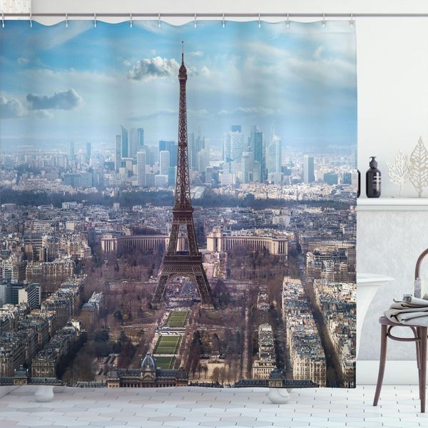 Abakuhaus Tenda Da Doccia Torre Eiffel, Vista A Volo D'uccello Del Boulevard Della Torre Eiffel, Parco Cittadino, Grattacieli, Stampa, 175 X 240 Cm, Azzurro Marrone-image