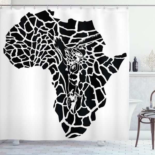 Abakuhaus Tenda Da Doccia Safari, Illustrazione Della Mappa Del Continente Africano Con Stampa Di Specie Selvatiche Su Pelle Animale, 175 X 200 Cm, Bianco E Nero-image