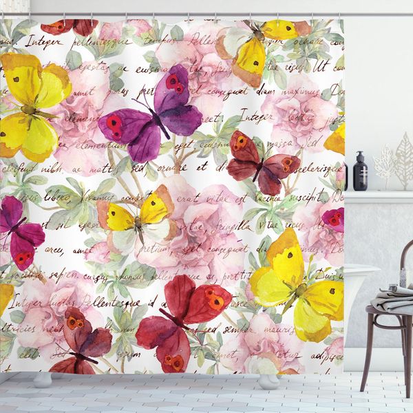 Abakuhaus Tenda Da Doccia Con Farfalle, Fiori E Testo Camelia Lettera D'amore Calligrafia Romantica Classico Antico, 175 X 240 Cm, Multicolore-image
