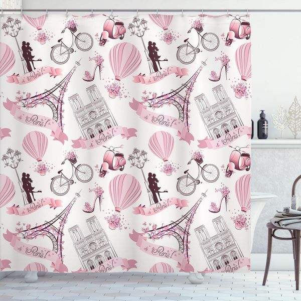 Abakuhaus Tenda Da Doccia Torre Eiffel, Viaggi A Parigi Tema Luna Di Miele Fiori Romanticismo Mongolfiera Bicicletta Scarpa, 175 X 200 Cm, Bianco Rosa-image